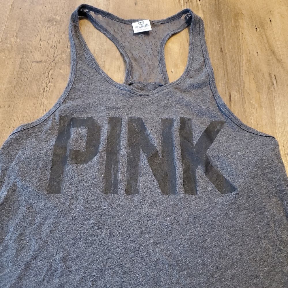 Victoria's Secret PINK Charcoal Gray Graphic Lace Racerback Tank Top | XS - Picture 2 of 7